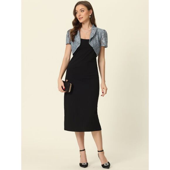 Floral Lace Shrug Work Crop Cardigan Wedding Guest Elegant Bolero Grey Blue - Picture 4 of 6